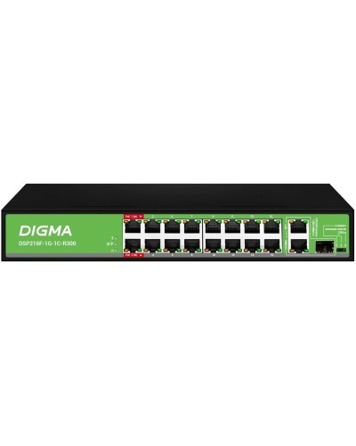 DSP216F-1G-1C-R300 (L2) 16х100Мбит/с 1х1Гбит/с 1хКомбо(1000BASE-T/SFP) 16PoE 16PoE+ 2PoE++ 300W. Коммутатор с питанием по PoE. Digma в Омске