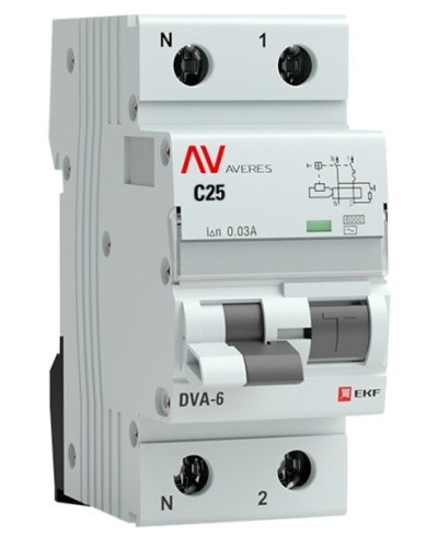 DVA-6 1P+N 25А (C) 30мА (AC) 6кА  AVERES (rcbo6-1pn-25C-30-ac-av). Автоматический выключатель дифференциального тока. EKF в Омске