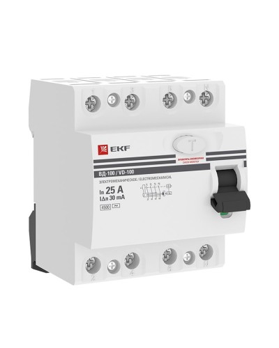 УЗО ВД-100 4P 25А 30мА тип AC эл-мех  PROxima (elcb-4-25-30-em-pro). Выключатель дифференциального тока (УЗО). EKF в Омске
