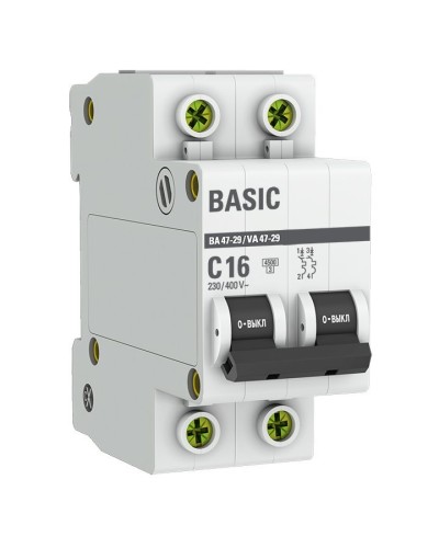 Автоматический выключатель 2P 16А (C) 4,5кА ВА 47-29 Basic (mcb4729-2-16C). Автоматический выключатель. EKF в Омске