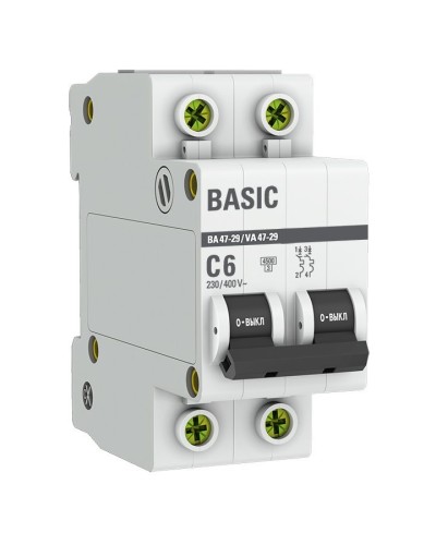 Автоматический выключатель 2P 6А (C) 4,5кА ВА 47-29 Basic (mcb4729-2-06C). Автоматический выключатель. EKF в Омске