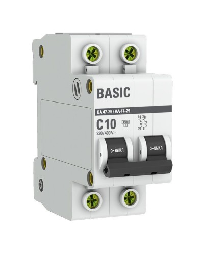 Автоматический выключатель 2P 10А (C) 4,5кА ВА 47-29 Basic (mcb4729-2-10C). Автоматический выключатель. EKF в Омске