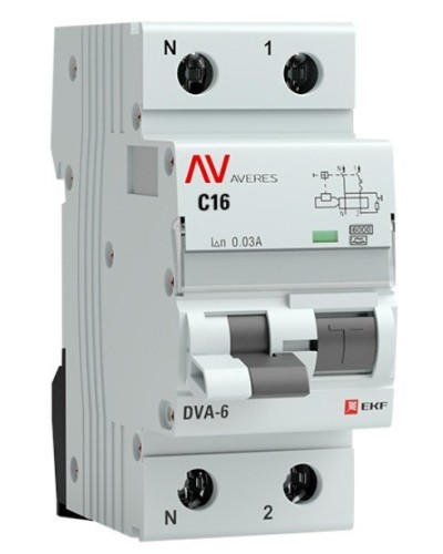 DVA-6 1P+N 16А (C) 30мА (AC) 6кА  AVERES (rcbo6-1pn-16C-30-ac-av). Автоматический выключатель дифференциального тока. EKF в Омске