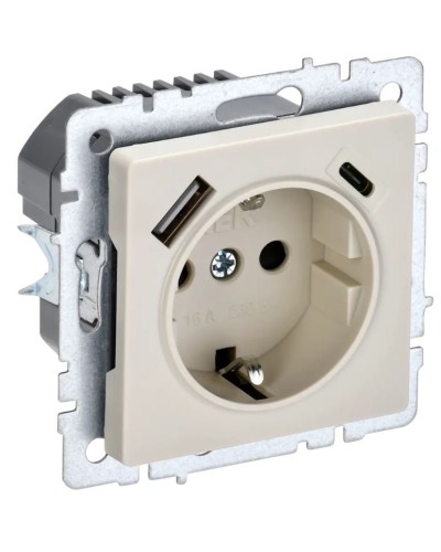 Розетка с з/к с USB A+C 18Вт РЮш11-1-БрКр бежевый BRITE (BR-R14-16-U22-018-K10). Розетка с заземлением с защитными шторками, 18Вт. IEK в Омске