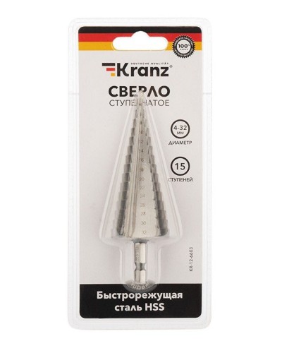 Сверло по металлу ступенчатое 4,0-32,0 мм 102 mm 62 HRC Kranz (KR-12-6603): Сверло по металлу шлифованное в Омске